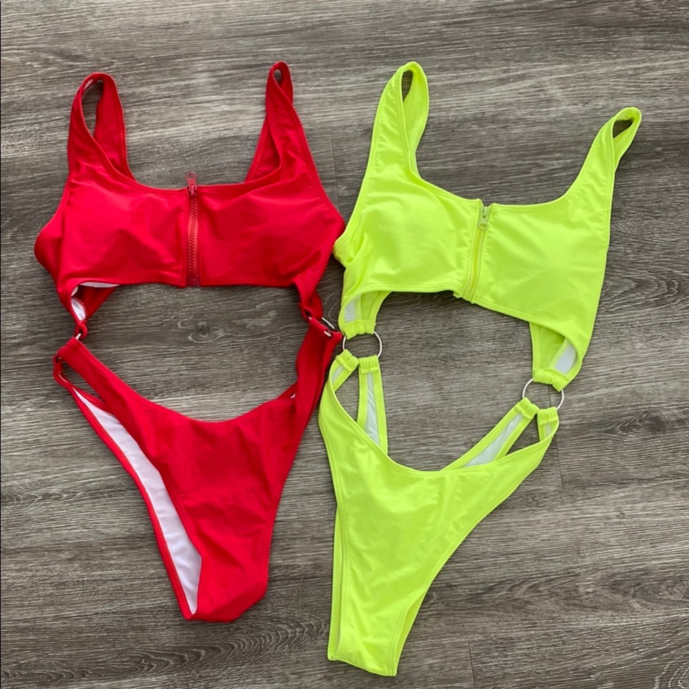 Women’s one piece bikini set bundle of 2 cutout high leg cheeky red neon large